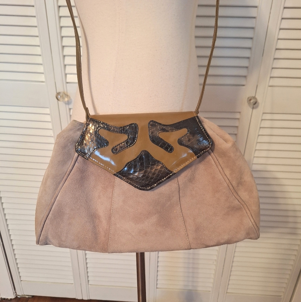 Rare Vtg Jasmin genuine suede leather snakeskin crossbody bag purse Hong Kong